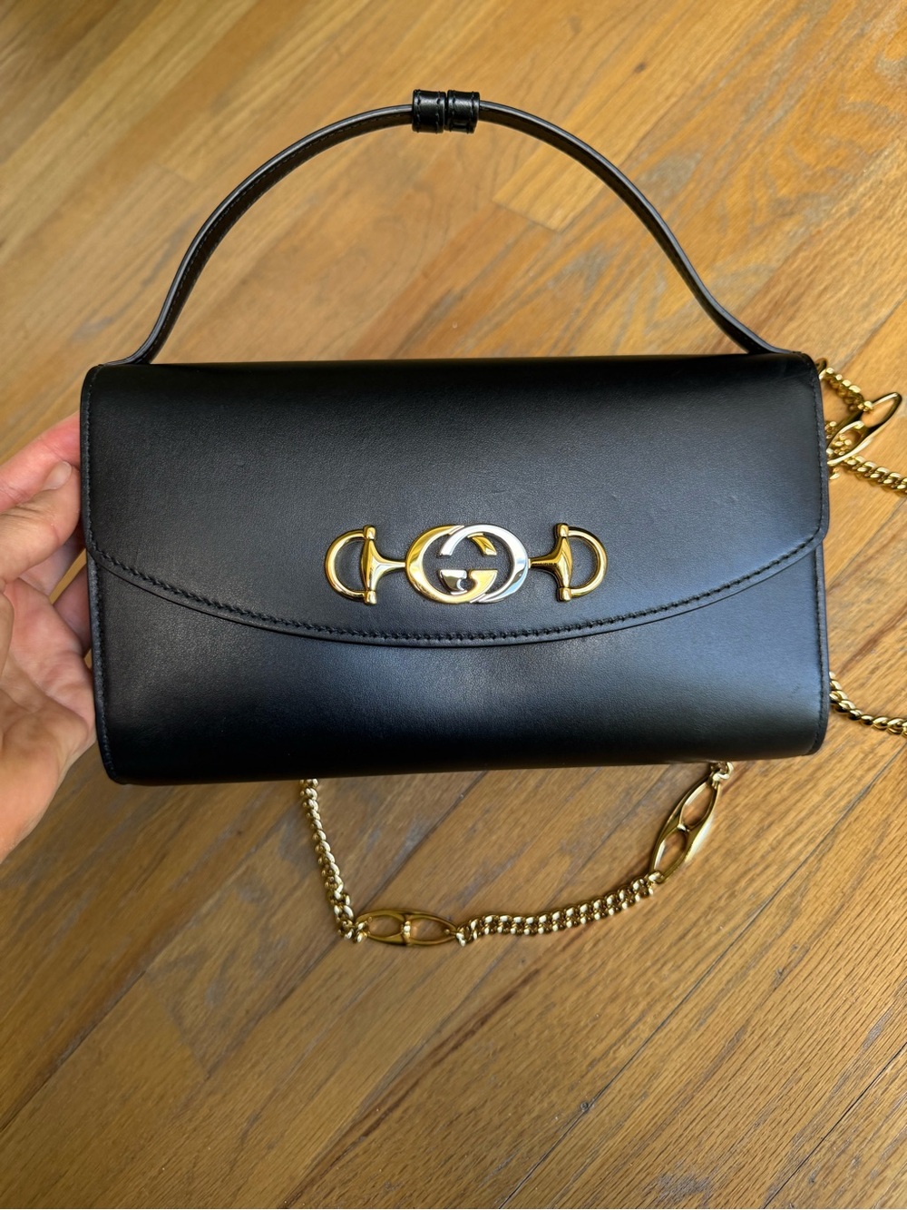 Gucci Black Leather Shoulder Bag with Gold Horsebit Detail